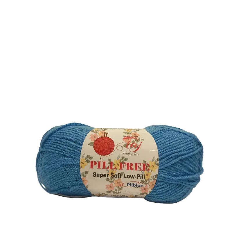 A skein of blue yarn with a cream-colored paper label that reads 'PILEFREE Super Soft Low-Pill'