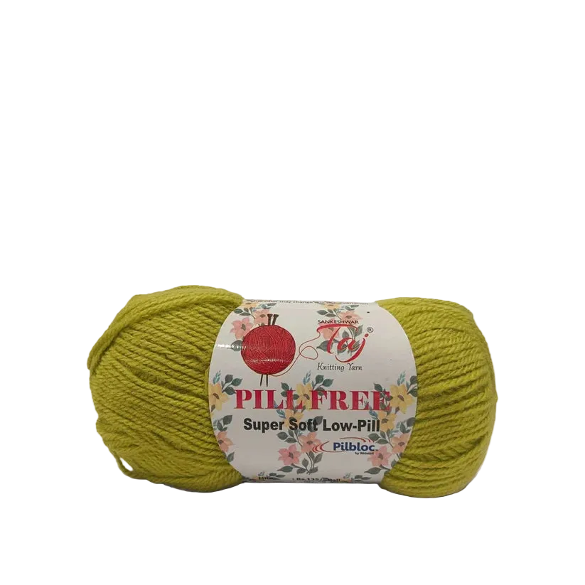 A skein of yellow-green yarn with a white label that reads 'Fruit of the Loom'