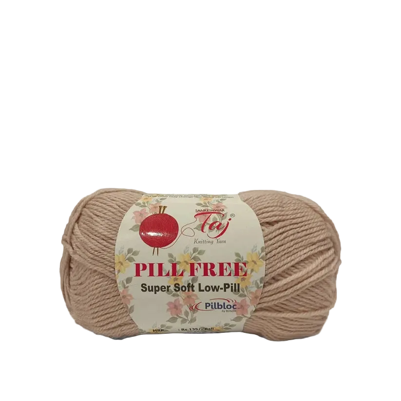 A skein of Pilbloc Fleece yarn in a soft, warm beige color, featuring a white label.
