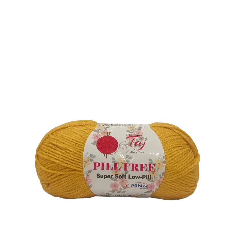 A skein of mustard yellow yarn with a white paper label that reads 'PILLFREE Super Soft Low-Pill'