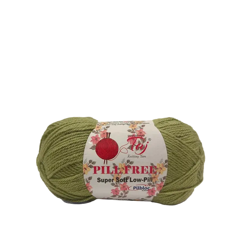 A ball of olive green yarn with a white and red label that reads 'Furry Furry'.