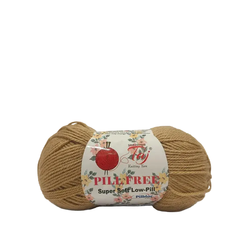 A skein of tan yarn with a white paper label that reads 'PILLFREE Super Soft Low-Pil'
