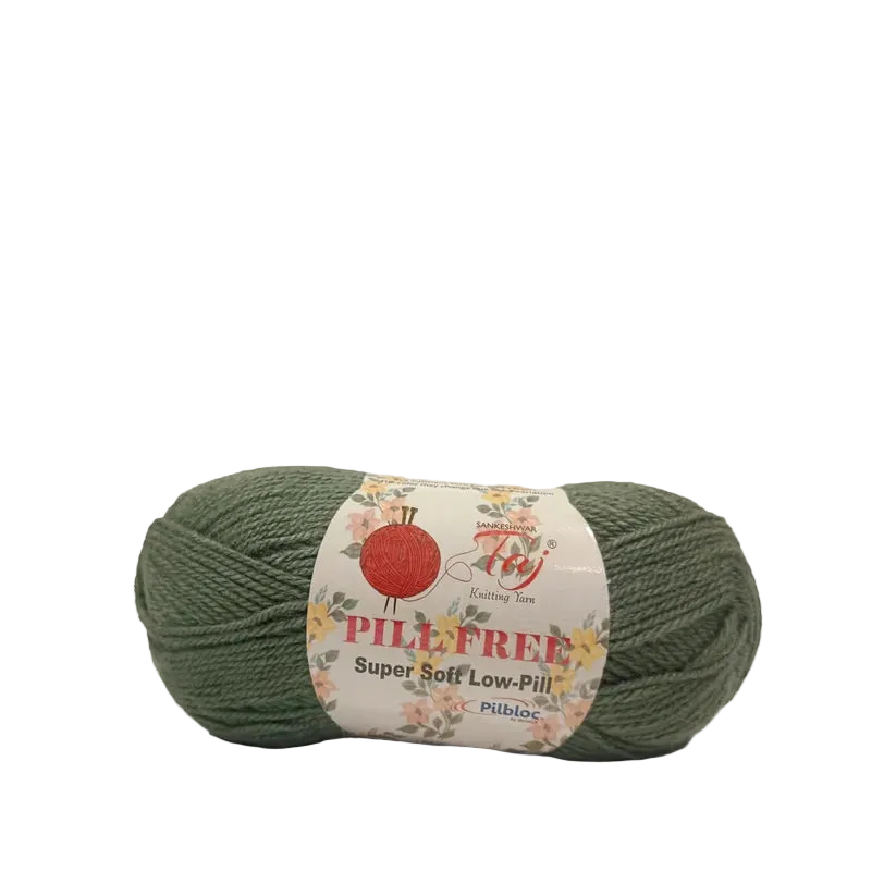A skein of olive green yarn with a white paper label that reads 'PILL FREE Super Soft Low-Pill' by the brand 'Knit by Joy'.