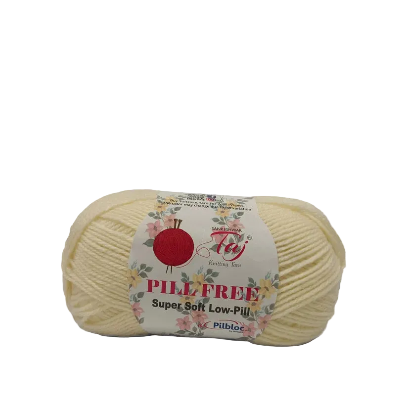 A single ball of cream-colored yarn with a white paper label