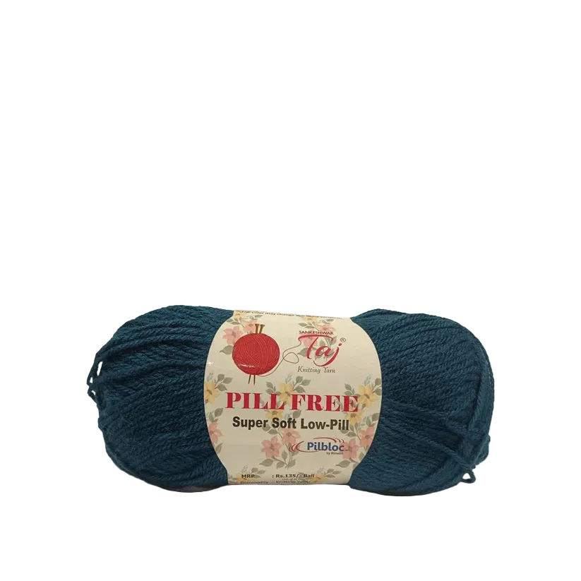 A single skein of dark teal blue yarn with a white paper label reading 'Peach Frost' and '100% Wool'.