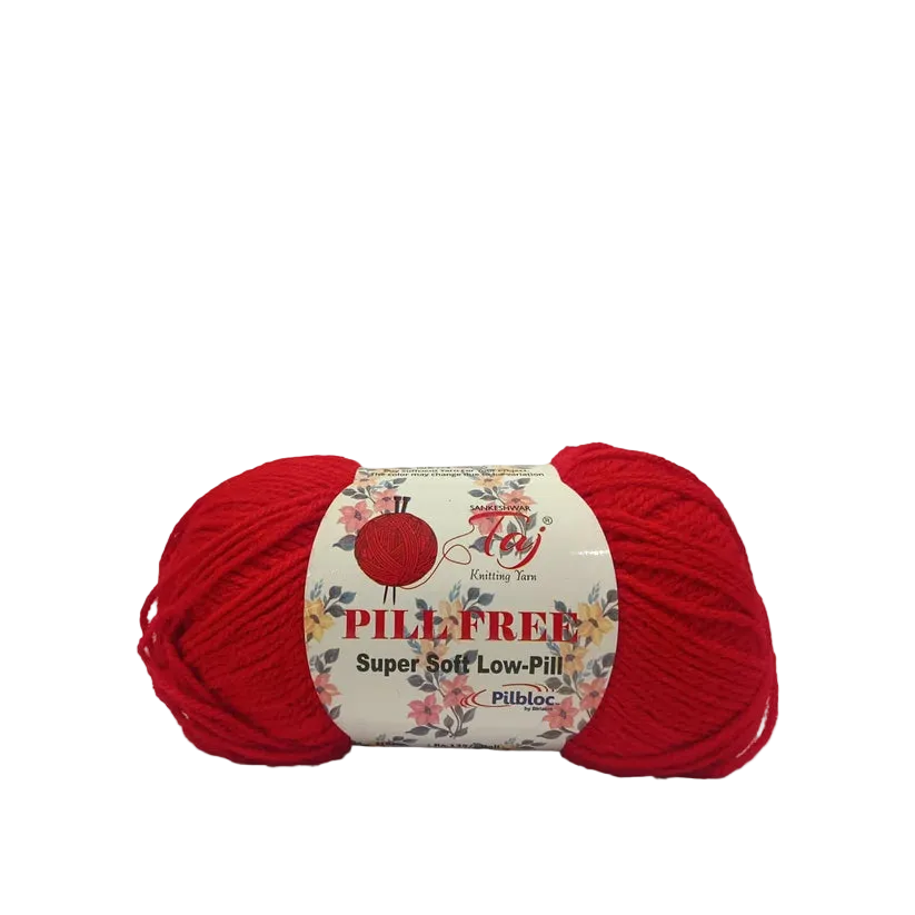 A skein of bright red knitting yarn with a white paper label that reads 'PILL FREE Super Soft Low-Pill' 