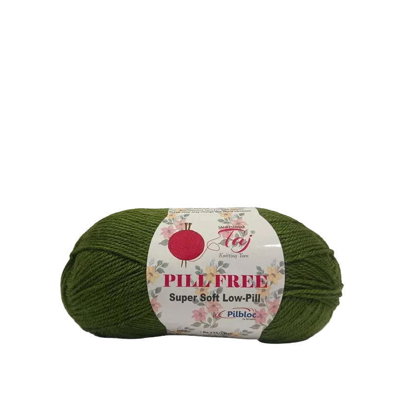 A ball of olive green yarn with a white paper label that reads 'PileFree Super Soft Low-Pil'