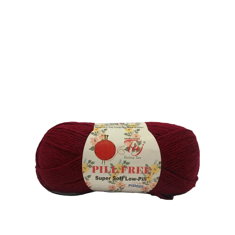 A ball of dark red yarn with a white paper label that reads 'Snowflake'.