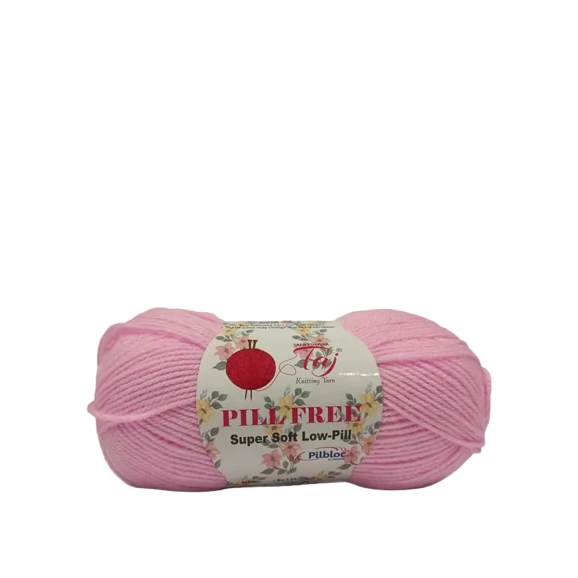 A single skein of pink yarn with a white paper label that reads 'Pilltree Super Soft Low-Pil'