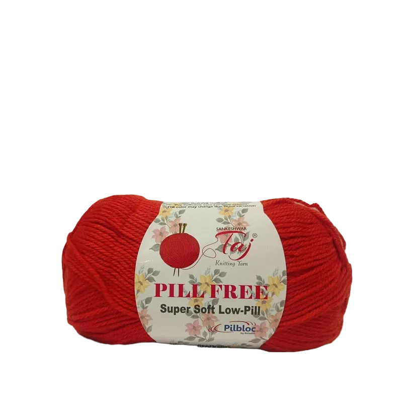 A skein of bright red yarn with a white paper label that reads 'PILL FREE'
