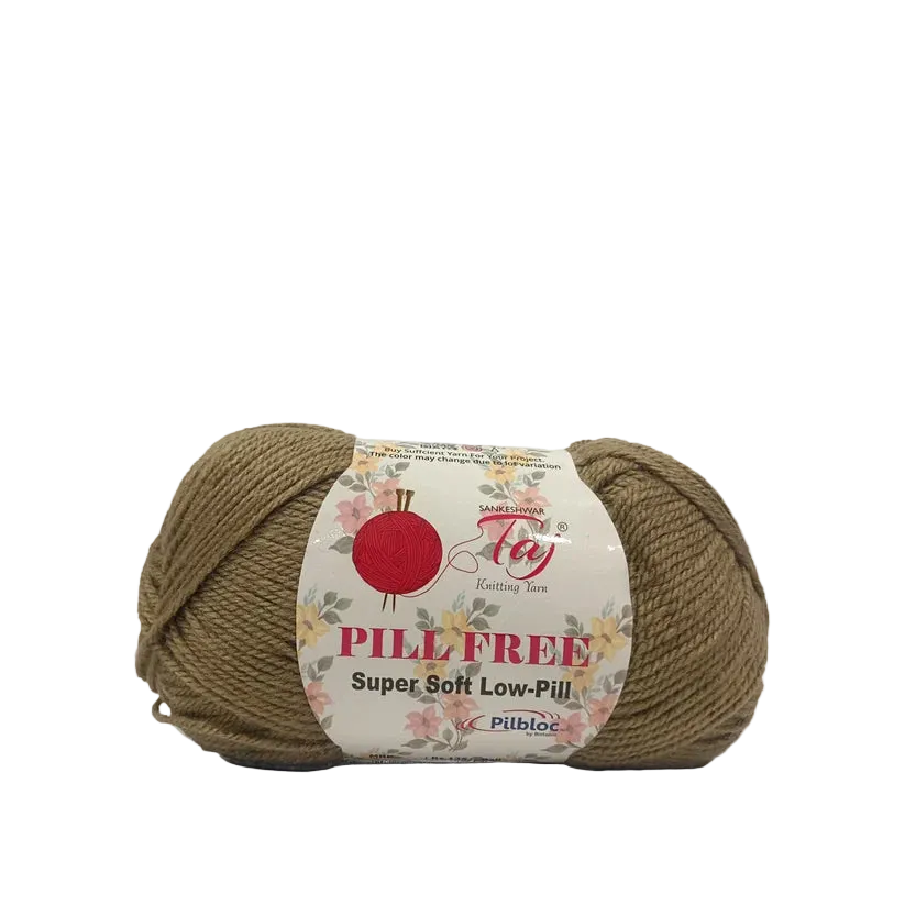 A ball of olive green yarn with a white paper label that reads 'POLYESTER' and '100%'.