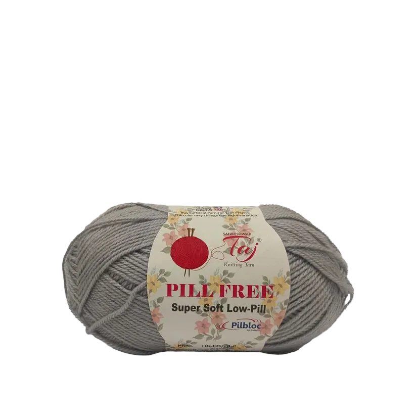 A skein of gray yarn with a floral paper label reading 'PillFREE Super Soft Low-Pill'