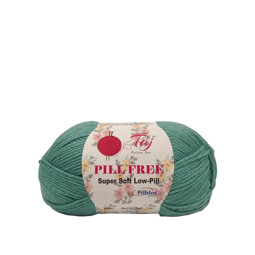 A skein of teal green yarn with a white paper label that reads 'PILLFREE Super Soft Low-Pill