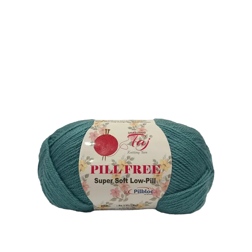 A skein of teal yarn with a white paper label that reads 'Pilewee' and 'Soft & Fine'