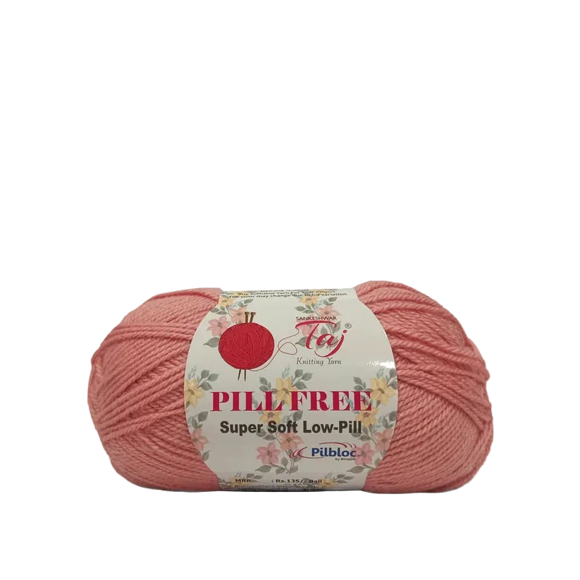 A skein of dusty pink yarn with a white paper label that reads 'PILLFREE Super Soft Low-Pile'
