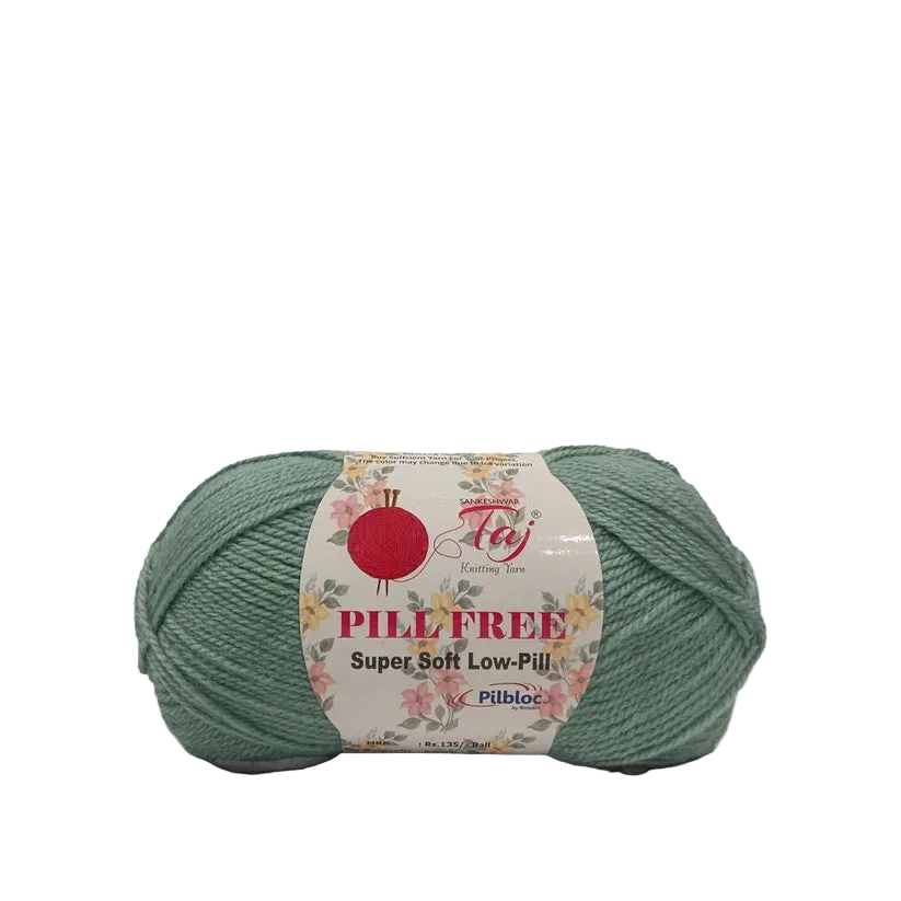 A skein of sage green yarn with a white paper label that reads 'Pilltree Super Soft Low-Pile'