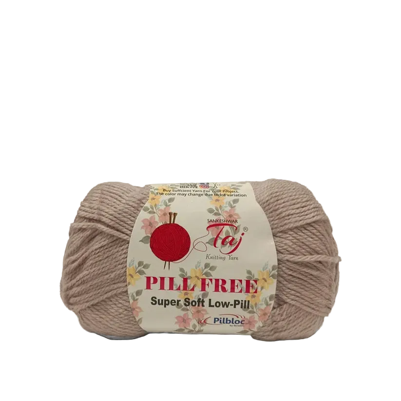 A single skein of beige yarn with a paper label that reads 'PILLFREE Super Soft Low-Pill'