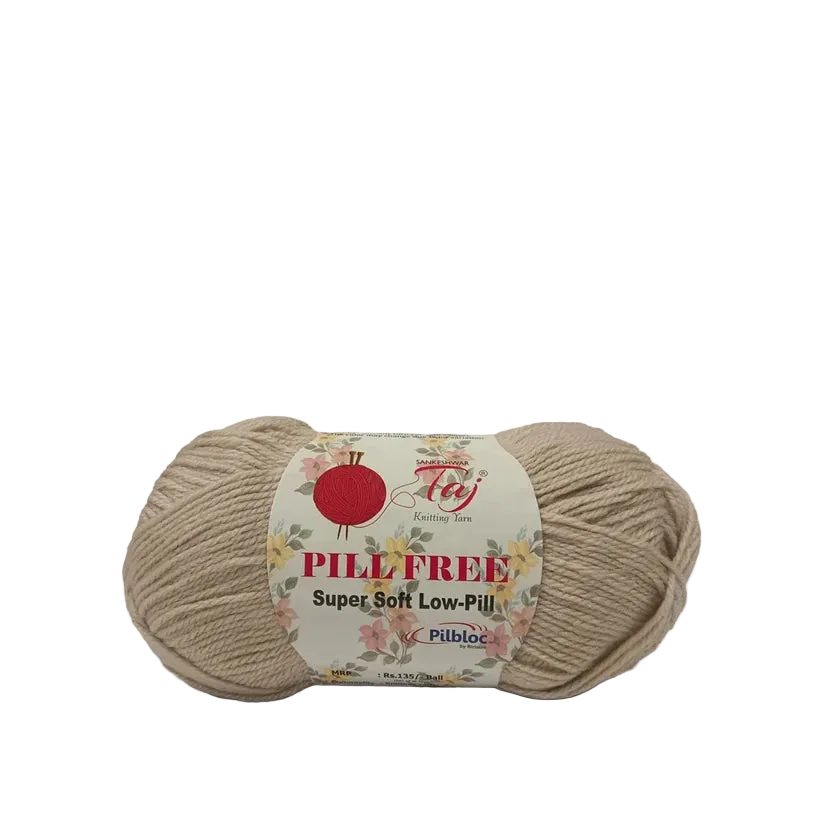 A skein of beige yarn with a floral label reading 'Pile Free Super Soft Low Pile' on a clean white background.
