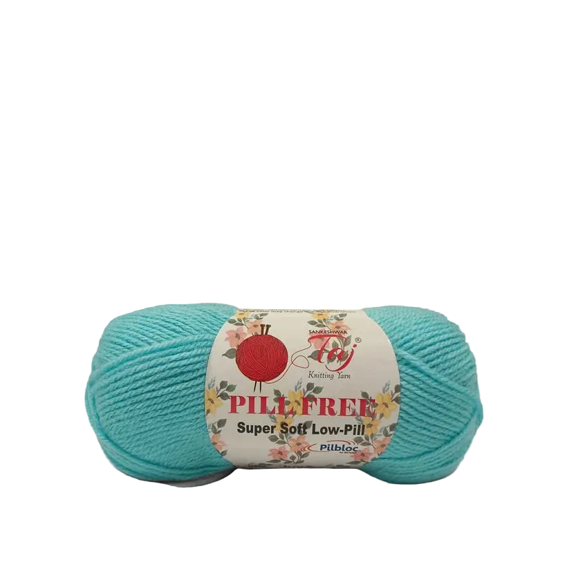 A skein of turquoise blue Pilefree Super Soff Low-Pill knitting yarn