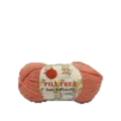 A skein of peach-colored yarn with a white label that reads 'Pill Box' and '100% COTTON'.