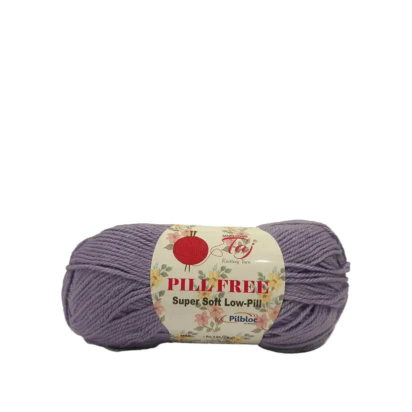 A single skein of lavender purple yarn with a cream-colored paper label