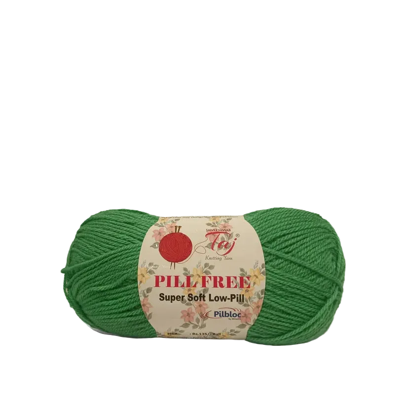 A skein of green yarn with a white paper label that reads 'Fuzzy Fuzzy'