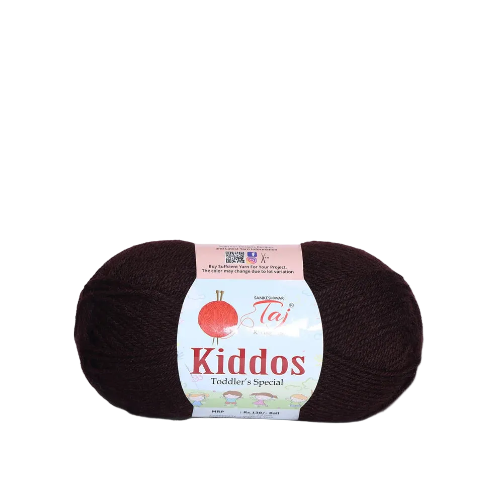 A skein of dark brown yarn with a white and pink label reading 'Kiddos Toddler's Special'
