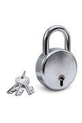 A silver metal padlock with a matching key, shown on a clean white background.