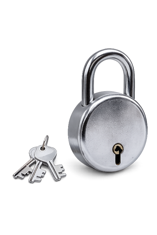 A silver metal padlock with a matching key, shown on a clean white background.