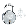 A silver Kanchan Premium 65mm padlock with a matching keyring