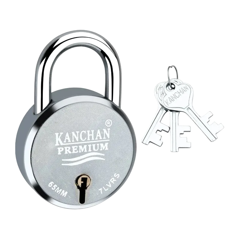 A silver Kanchan Premium 65mm padlock with a matching keyring