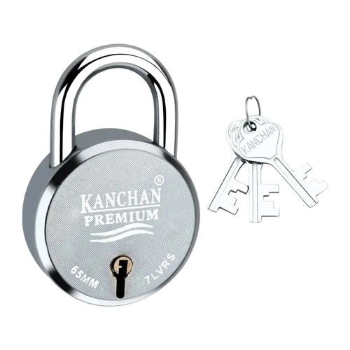 A silver Kanchan Premium 65mm padlock with a matching keyring