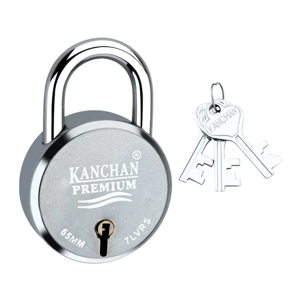 A silver Kanchan Premium 65mm padlock with a matching keyring