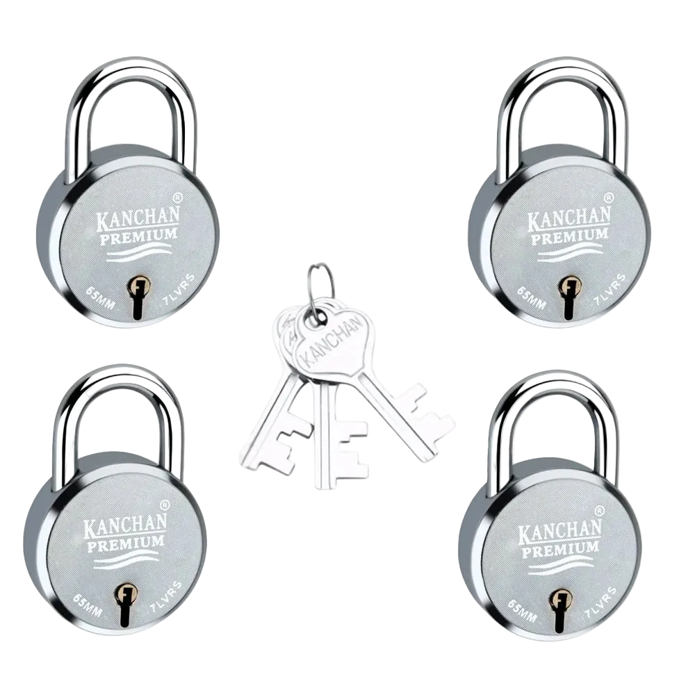 Four silver Kanchan Premium padlocks shown with two matching keys