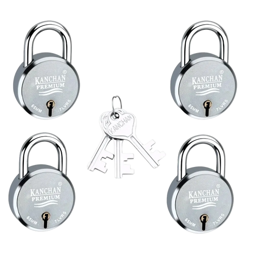 Four silver Kanchan Premium padlocks shown with two matching keys