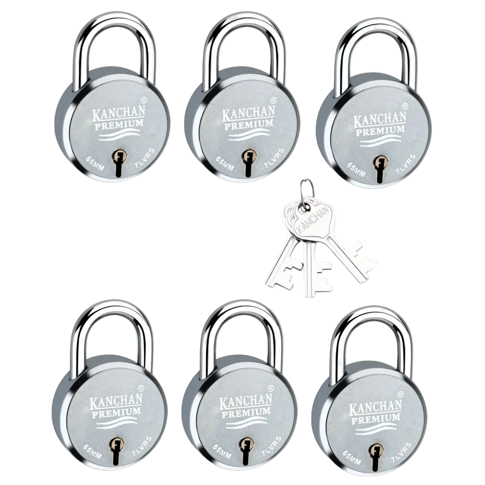 silver Kanchan Premium 60mm padlocks arranged in two rows of three