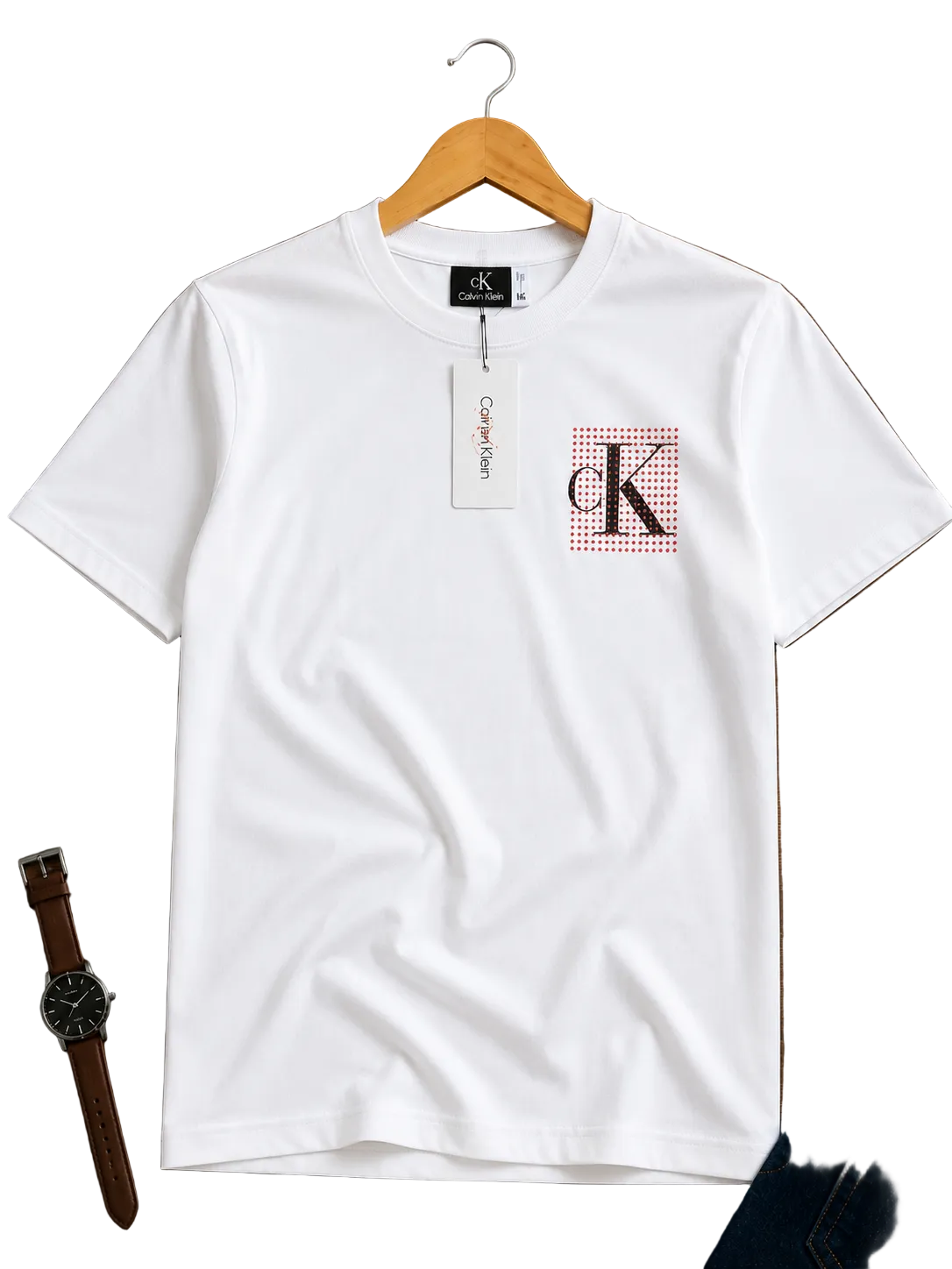 A white Calvin Klein short-sleeve t-shirt with a red and black checkered logo