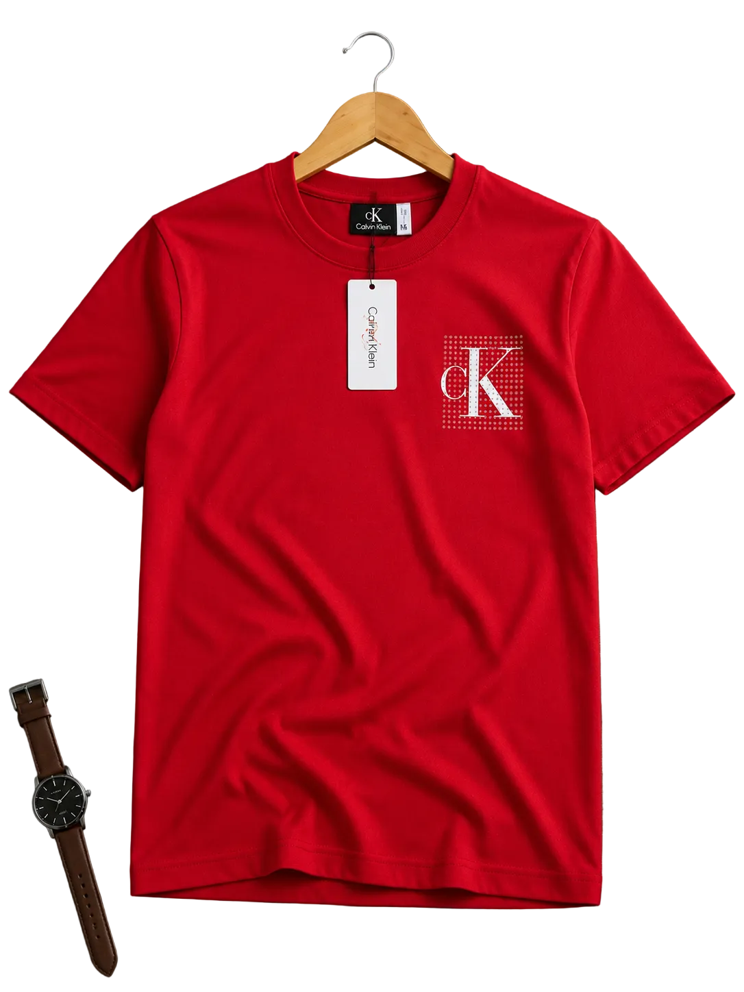 A bright red Calvin Klein short-sleeve t-shirt