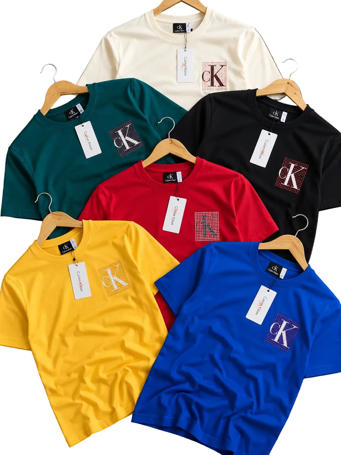 Calvin Klein short-sleeve t-shirts in cream, green, black, red, and blue
