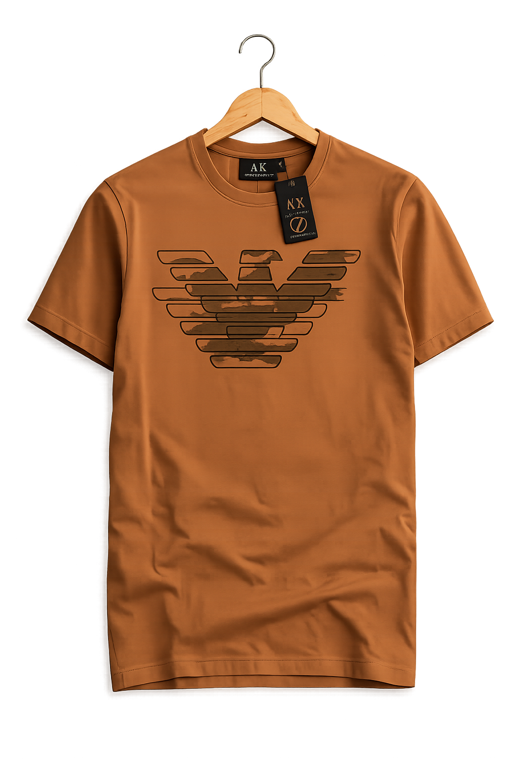 A brown short-sleeve t-shirt with a large dark brown Armani Exchange eagle logo printed on the chest