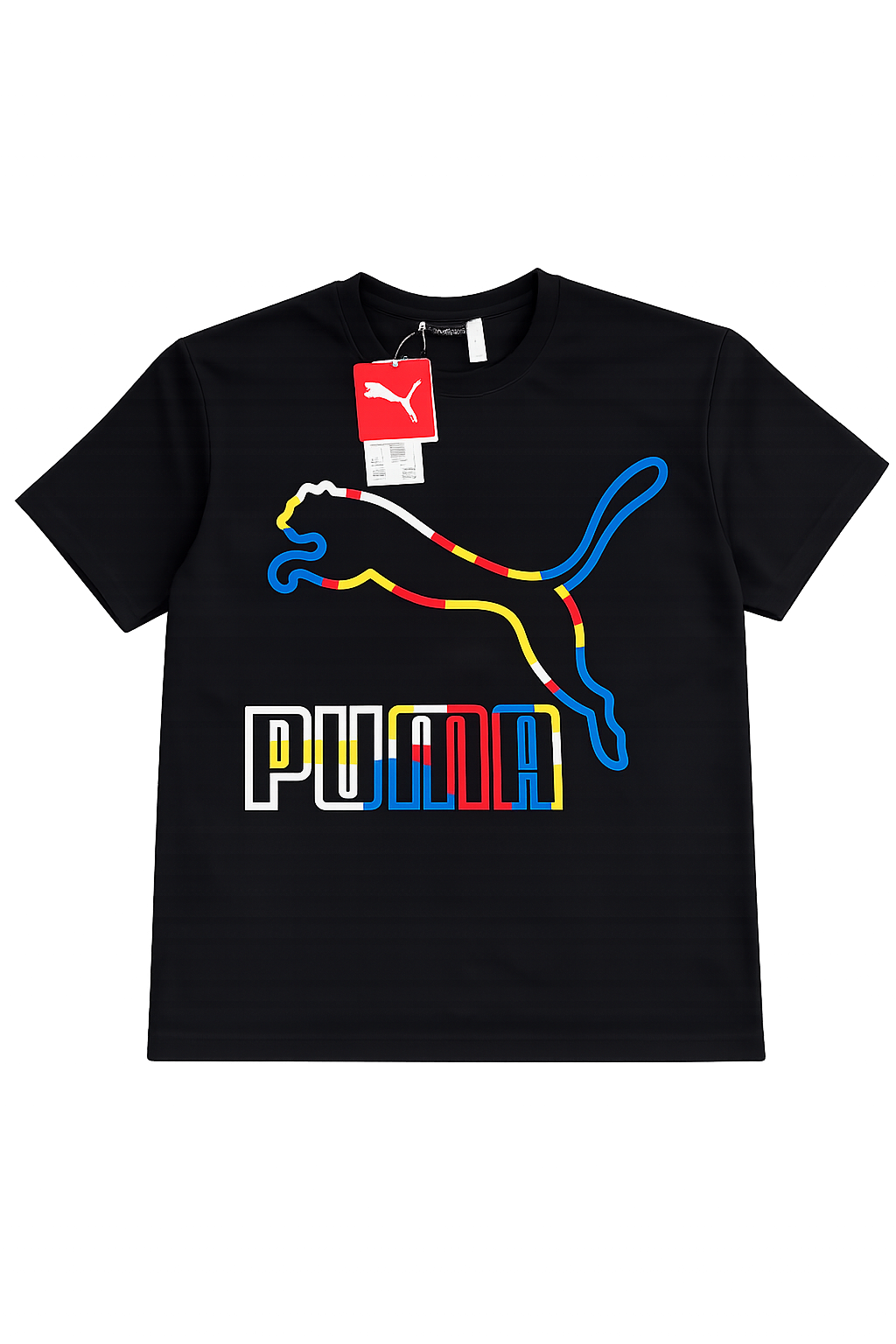 A black Puma short-sleeve t-shirt with a colorful graphic of the Puma 