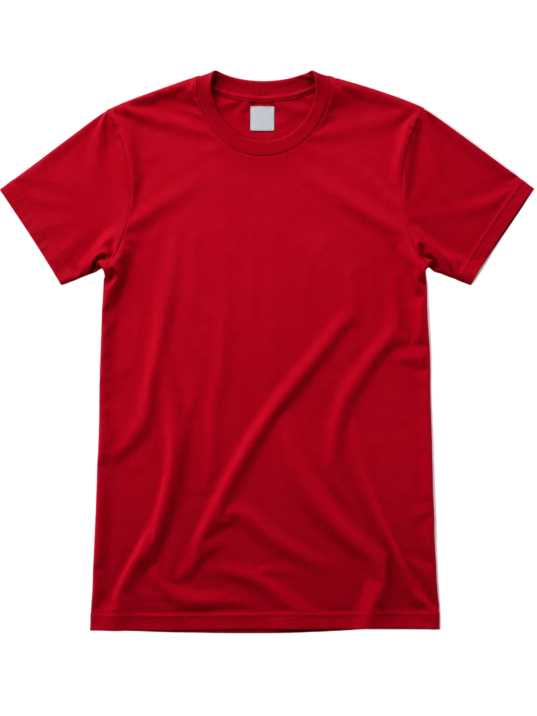 A red short-sleeve crewneck t-shirt laid flat against a clean white background.