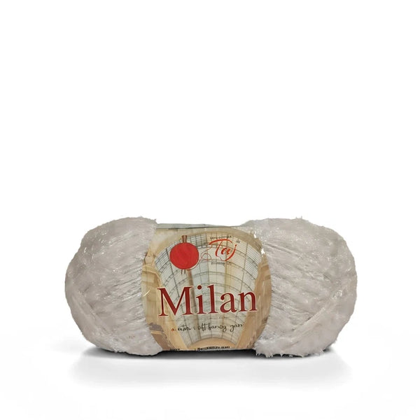 A single skein of light gray yarn with a paper label reading 'Milan' and 'Tay'