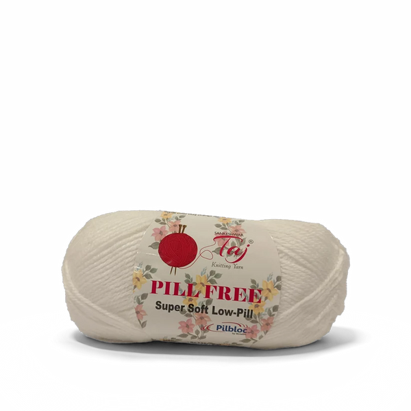 A single spool of cream-colored yarn with a paper label reading 'PILLFREE Super Soft Low-Pill'