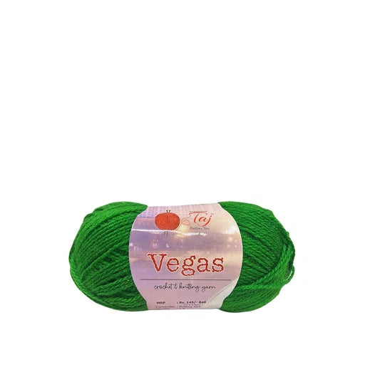 A skein of bright green yarn with a white paper label reading 'Vegas'