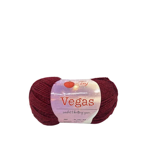 Maroon skein of yarn with a label on a white background