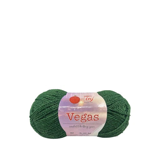 A single skein of dark green yarn with a paper label reading 'Vegas' and 'Tay', shown on a plain white background.